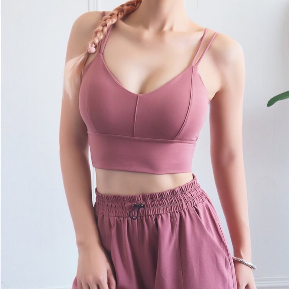Long line dusty pink removable pads sports bra yoga top double strap workout top